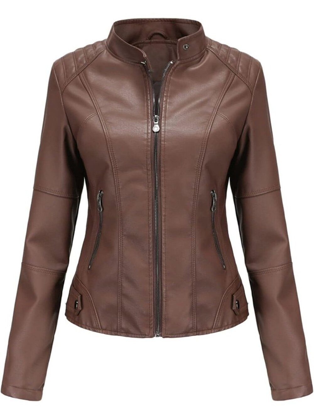 Women's Brown Faux Leather Bomber Jacket Zipper closure Belted Motorcycle Coats